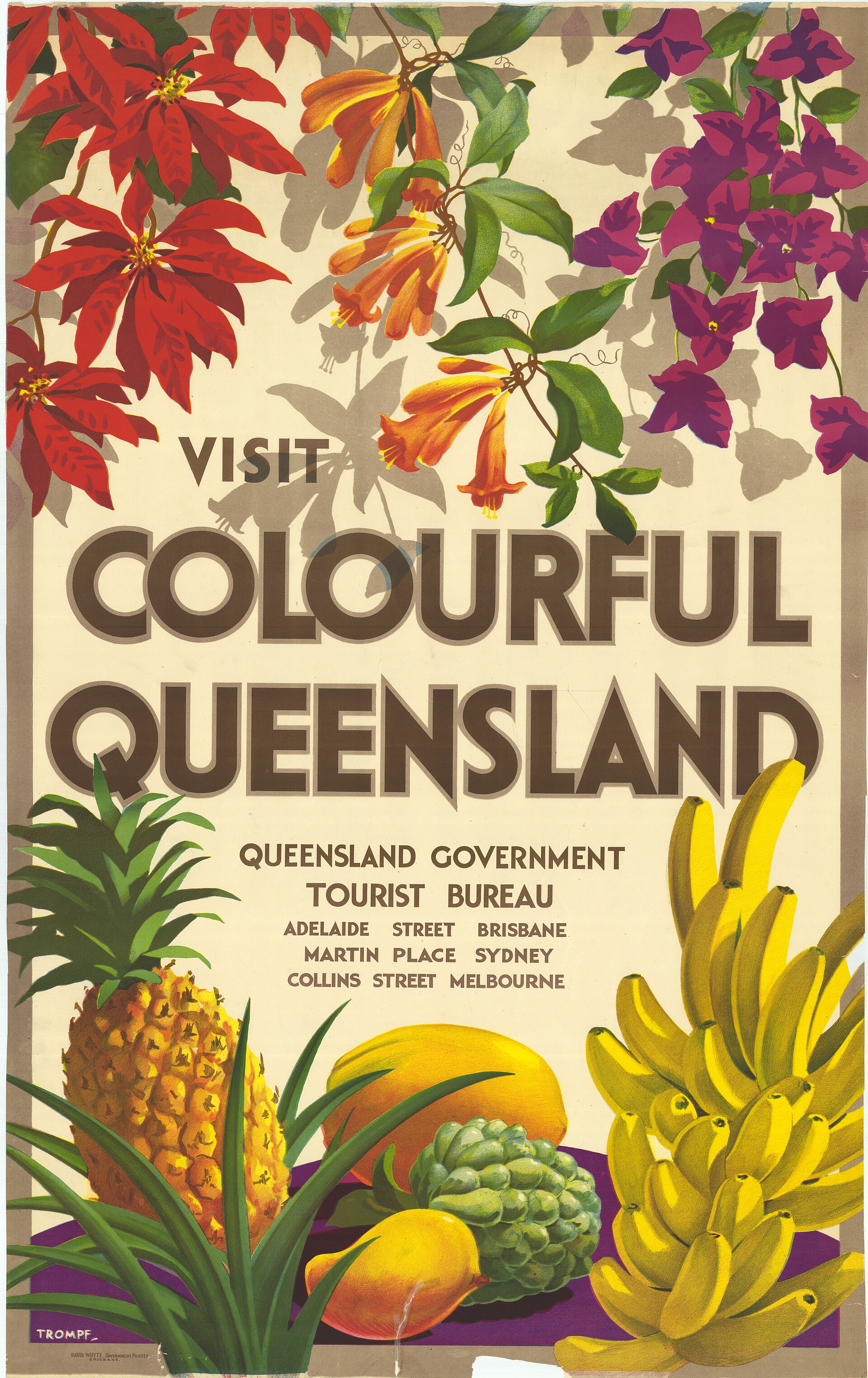 A staff pick from Allison for our favourites album! Painted design featuring flora and fruits, c 1939 “Percival Albert (Percy) Trompf (1902-1964), commercial artist, was born on 30 May 1902 at Beaufort, Victoria […] Percival joined Giles &amp; Richards, commercial artists in Melbourne, and designed chocolate boxes and wrappings for the confectioners A. W. Allen Pty Ltd. Later, from his studio at Little Collins Street, he painted and designed thousands of advertising posters commissioned by such prominent companies as Bryant &amp; May Pty Ltd and Palmolive Co. Ltd, and by the magazine, Walkabout. His posters for the Australian National Travel Association and the Victorian Government Railways received widespread recognition for their images from nature (seagulls at the beach and crystal creeks at Mount Buffalo), but his most popular posters drew upon historical events (Captain Cook's landing at Botany Bay and the building of the Sydney Harbour Bridge). His bright, colourful, optimistic pictures had wide appeal, especially during the Depression. Trompf supervised all stages of production, including the printing; most of his posters were 25 ins by 40 ins (64 cm by 102 cm), but large advertising hoardings required 24 sheets connected in jigsaw fashion.” Find out more on the life of Percival Trompf from his entry in the Australian Dictionary of Biography Poster Details Artist listed as Percival Albert Trompf and the authorising Government Printer is David Whyte Creating Agency: Queensland Government Tourist Bureau Queensland State Archives Image ID 22142
