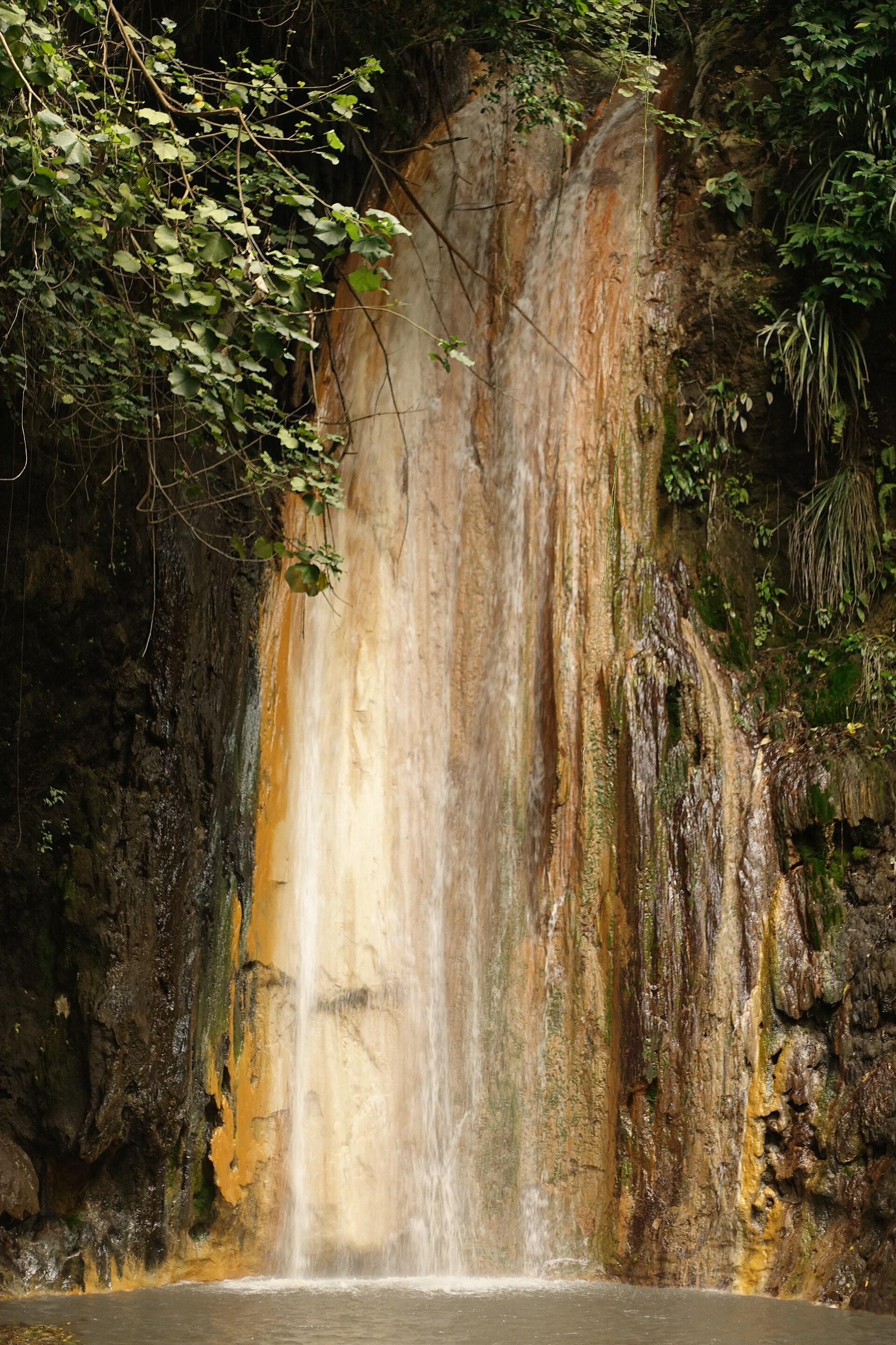 The <a href=" http://diamondstlucia.com/diamond-falls-attraction/diamond-water-fall/ " rel="nofollow">Diamond Waterfall</a> is arguably the most colourful waterfall in the Caribbean – less than a mile east of Soufriere town center. What makes this waterfall stand out is that its waters were laced with minerals as its stream emanated from rainwater mixed with volcanism giving the falls a rather colorful appearance that seemed to change often. At the Botanical Garden a well maintained path winds its way from the mineral baths through ferns and banana plants to a spot where the Diamond River drops into a picturesque waterfall. This beautiful waterfall is approximately 17 metres in height and is a mixture of rainwater and volcanism fed by the Sulphur Springs. The flow of water varies at different times of year but is always spectacular. The water is laced with minerals, sulphur, copper sulphate, magnesium, iron, manganese and calcium, all contributing to the kaleidoscope of colours that adjourn the rock face behind the falls. The rock face continues to change colour depending on the mineral content at any given point in time. * Unknown author. 2016. "Diamond Falls" Diamond Falls Botanical Garden & Mineral Baths, Saint Lucia WEB SITE 2018-03-18. <a href=" http://diamondstlucia.com/diamond-falls-attraction/diamond-water-fall/ " rel="nofollow">diamondstlucia.com/diamond-falls-attraction/diamond-water...</a> Photo credit: RB SLU_6504